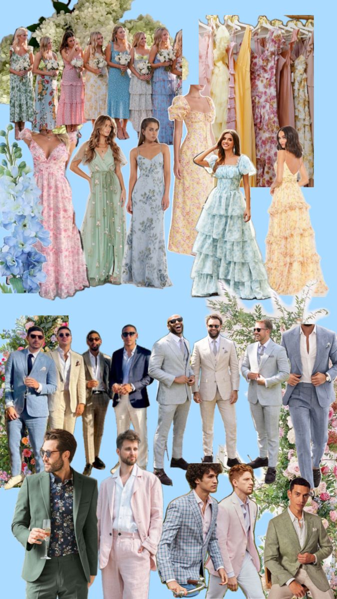 the collage shows many different types of people in dresses and suits, with one man standing