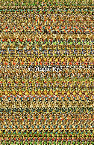 an abstract image of many different colors and shapes on a surface, with the words magic eye written above it