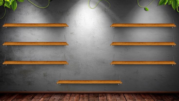 an empty room with wooden shelves and green plants on the wall above them, in front of a concrete wall