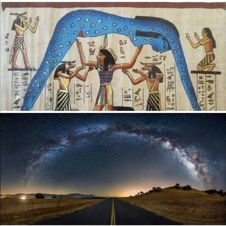 two pictures side by side one with an egyptian scene and the other with ancient art