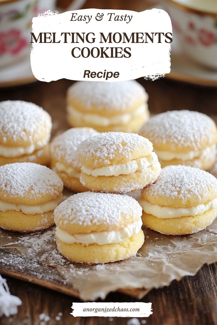 some cookies that are sitting on top of a wooden table with the words, easy and tasty melting moments cookies recipe