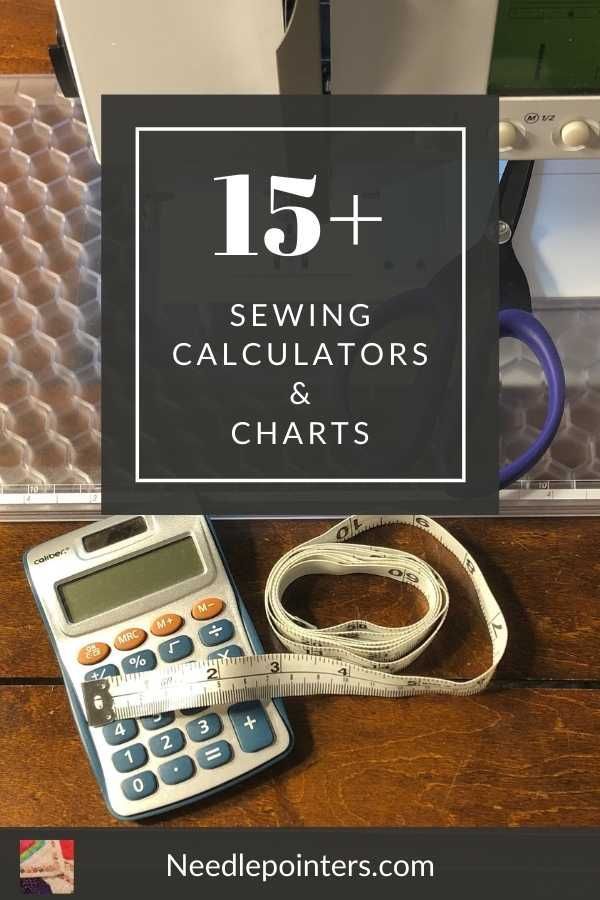 a calculator with the words 15 + sewing calculators and chart on it