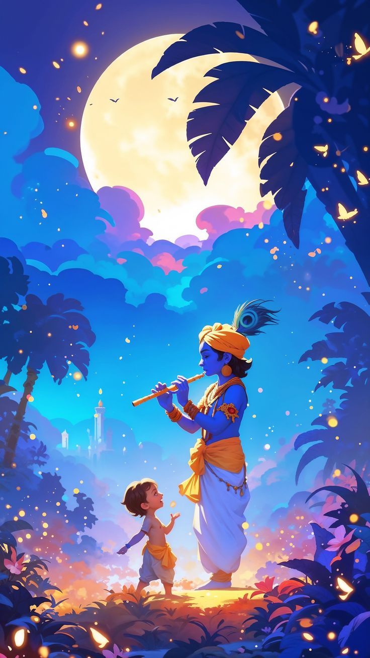 an image of a person and a child in the jungle with a moon behind them