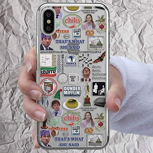 someone is holding up their phone case with stickers on it, which are all over the place