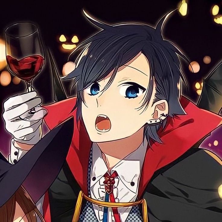 an anime character holding a glass of wine