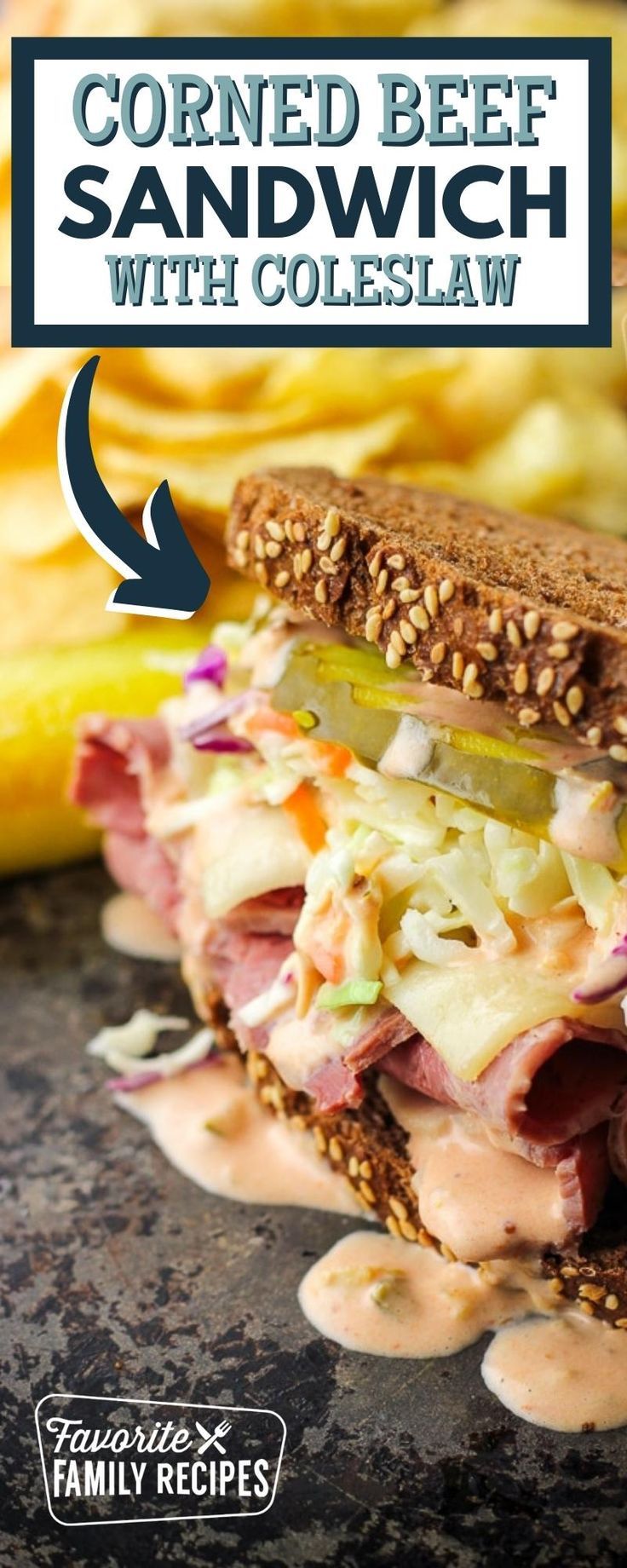 a sandwich with coleslaw and pickles on it is featured in the ad