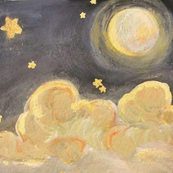 a painting of clouds and stars in the night sky