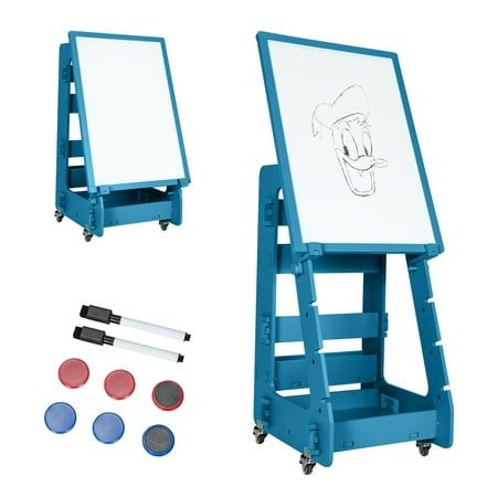 a blue easel with marker and markers next to it's drawing board on wheels