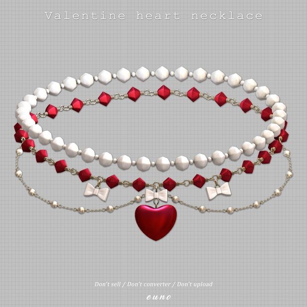 a red heart is attached to a white beaded necklace with pearls and hearts on it