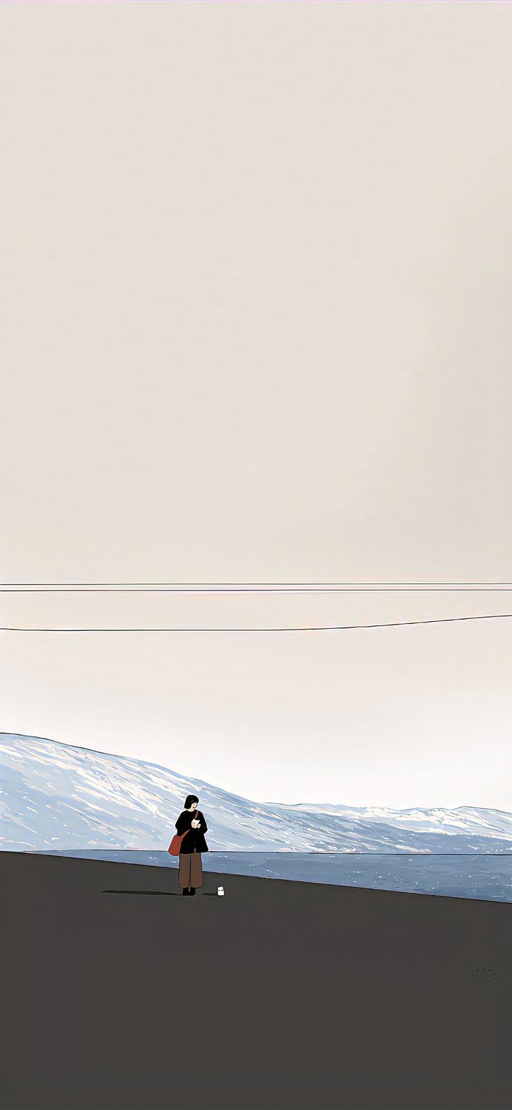 two people are standing on the beach flying a kite in the sky with power lines above them