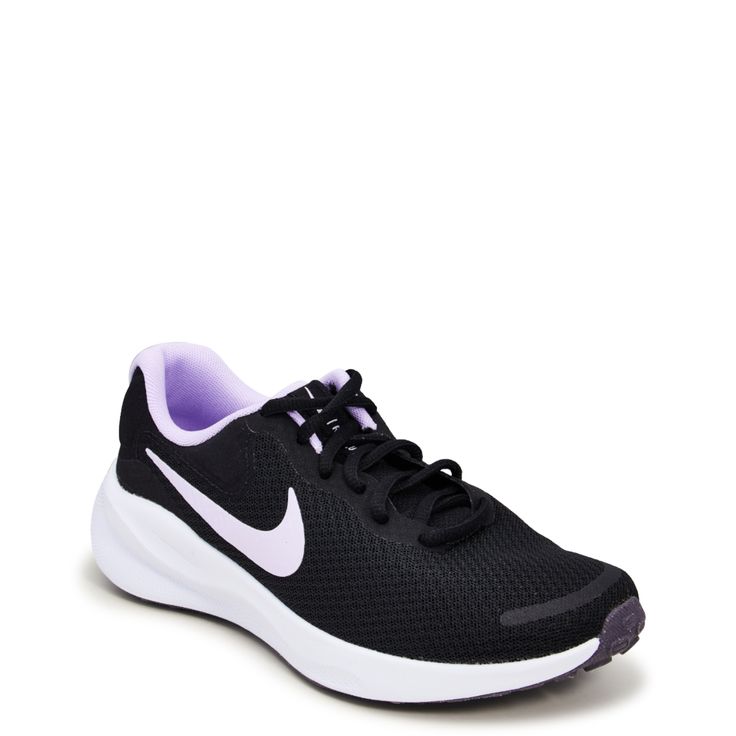 Stay stylish as you speed pass the competition in these womens Nike Revolution 7 black/white/daybreak/lilac bloom running shoes. Made of breathable mesh upper with a roomier forefoot, these athletic sneakers have a round toe, secure lace-up closure, Foam cushioned midsole for a smooth ride, and a rubber lug outsole for reliable traction. Puff on the outside of midsole add style and comfort your Achilles. This product is made with at least 20% recycled content by weight | Nike Women's Revolution 7 Road Running Shoe in Black/Daybreak Size 5. 5 Medium Black Running Shoes Women, Shoes Nike Running, Dress Sandals Flat, Running Shoes Women, Fun Clothes, Native Shoes, Wide Width Shoes, Womens Nike, Trail Shoes