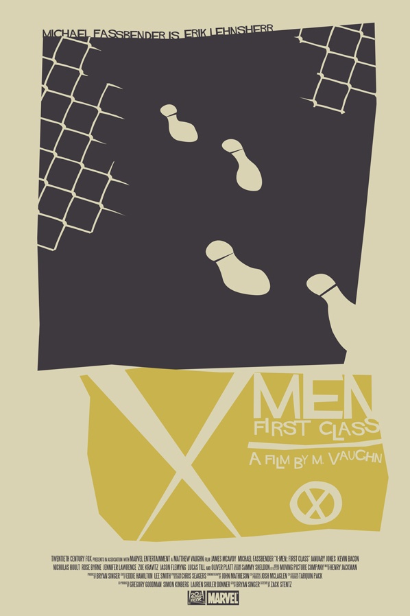 the poster for men first class is shown in black and white, with yellow accents