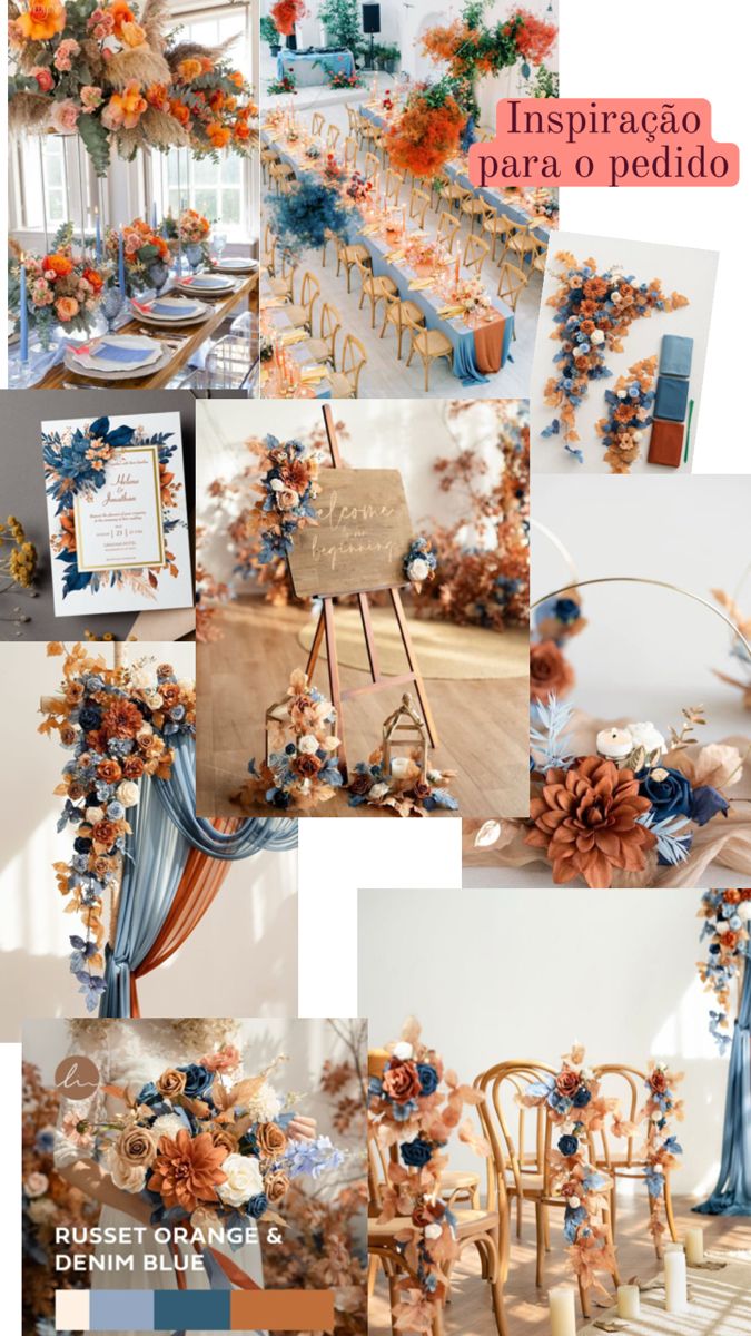 a collage of photos with flowers and decorations on them, including an orange flower centerpiece