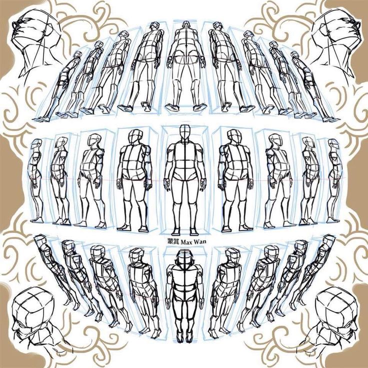 an image of different types of mannequins in various positions and sizes, all drawn