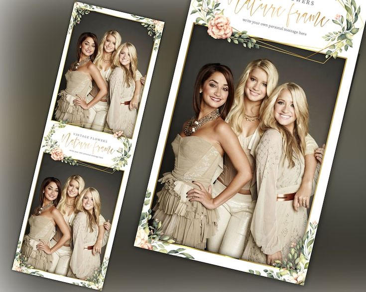 three beautiful women posing for the camera in front of a floral frame with greenery