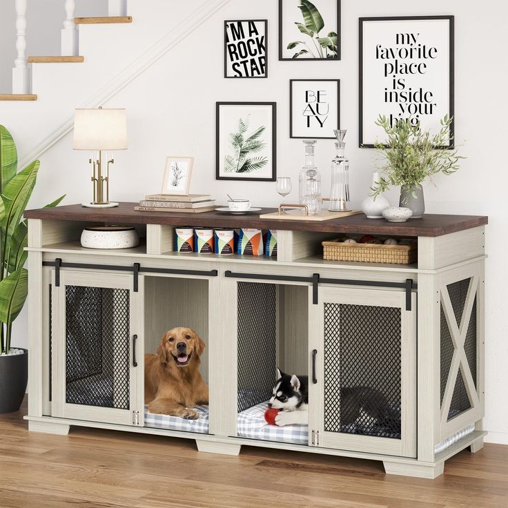 a dog sitting in its kennel under the stairs