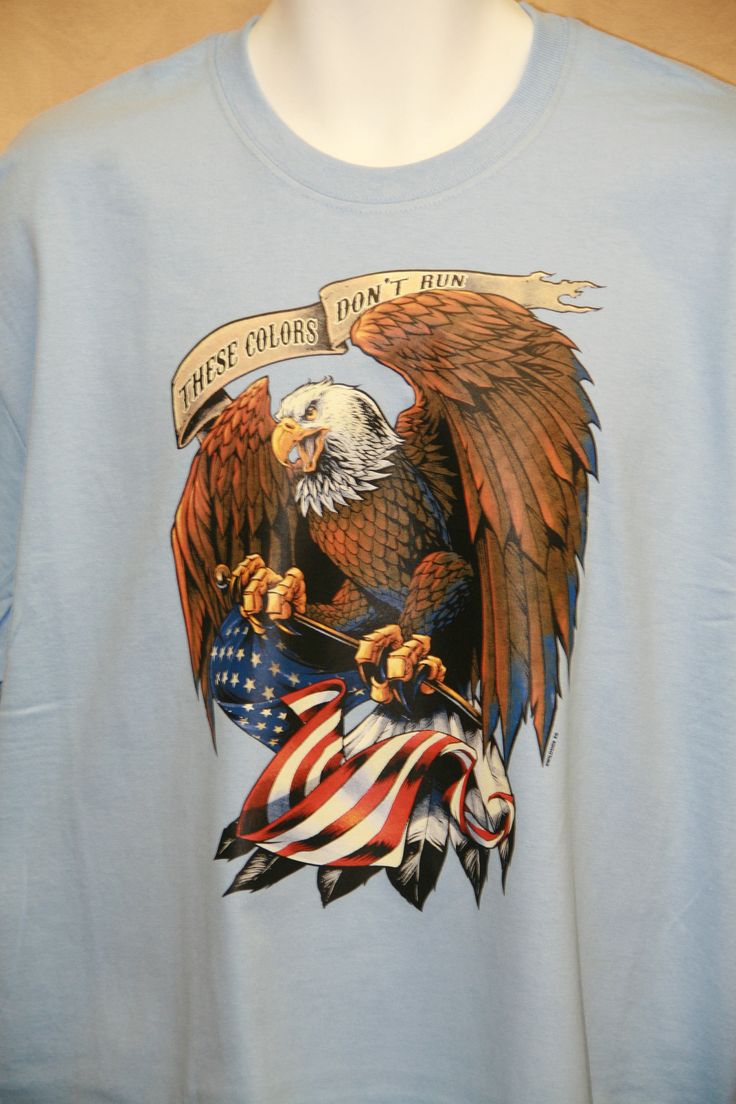 Eagle wrapped in American flag. These colors don't run Custom made to order tee shirt Eagle And Flag, Patriotic Eagle, Silver Springs, American Flag, Clothing Items, Tee Shirt, Springs, Custom Made, Tee Shirts