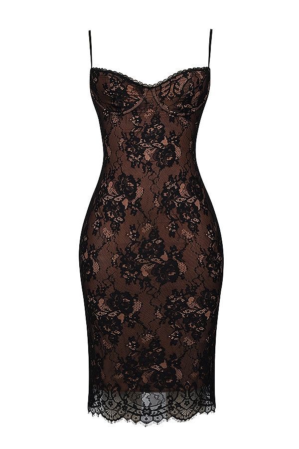 Feel the stretch of this dress with its slim silhouette and spaghetti straps, ready to make a statement at any club party. The lace print adds a touch of boldness, while the zipper and mid-calf length give it just the right amount of edginess. Made with Spandex and mesh, this dress is perfect for the spring/summer season. Dare to wear this dress and show off your natural waistline, with its sleeveless design and boat neckline for added adventure. Time to conquer the dance floor with this medium- Black Lace Midi Dress, Backless Midi Dress, Fashionably Late, Lace Bustier, Camisole Dress, Bodycon Midi Dress, Lace Print, Lace Dresses, Strapless Maxi Dress