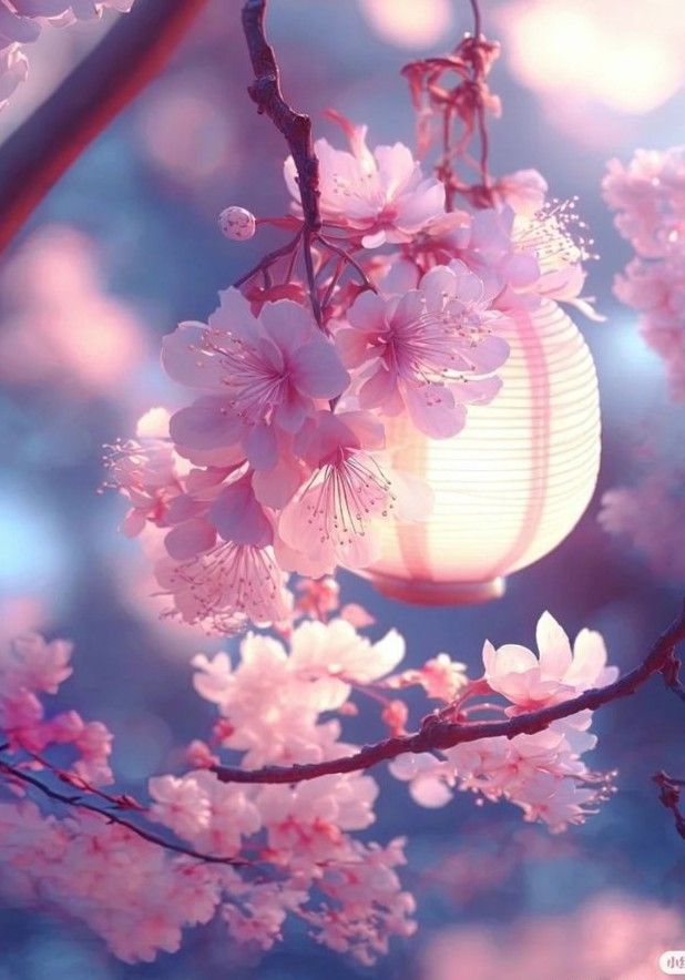 a white lantern hanging from a tree filled with pink flowers