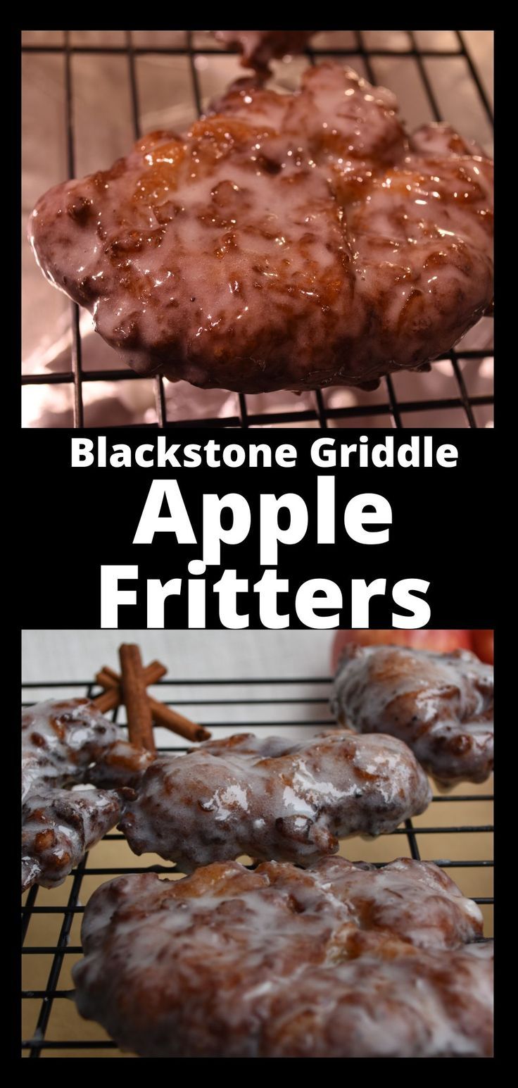 Top Photo: A freshly glazed Apple Fritter on a wire rack.  Bottom Photo:  Several glazed apple fritters resting on a cooling wire rack. Apples On Blackstone, Blackstone Apple Recipes, Desserts On Griddle, Blackstone Butternut Squash, Deserts On Blackstone, Easy Blackstone Griddle Recipes Dessert, Blackstone Griddle Dessert Recipes, Blackstone Desert Ideas, Baking On A Blackstone Griddle