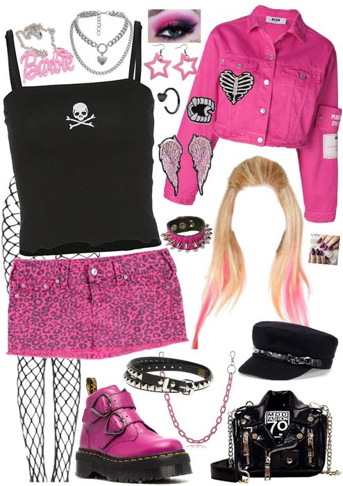 a woman's outfit with pink hair and accessories