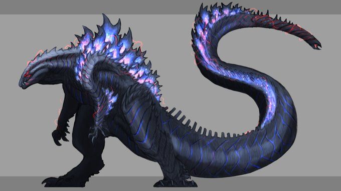 a large black dragon with blue and red lights on it's head, standing in front of a gray background