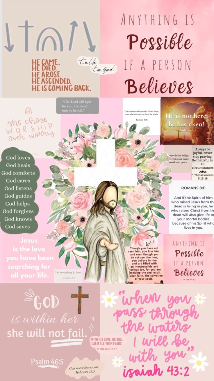 a collage of different images with the words jesus and flowers in pink, green, white