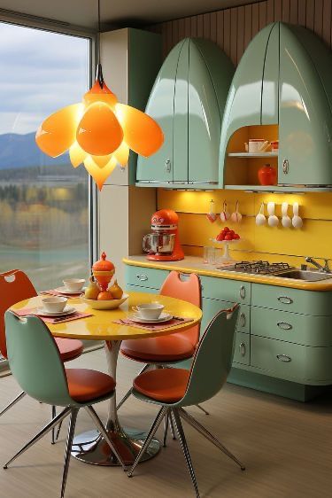 a kitchen with yellow walls and orange chairs around a round table in front of an open window