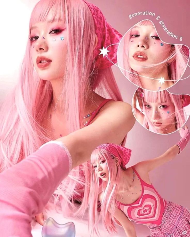 a woman with pink hair and piercings in front of a poster for the magazine