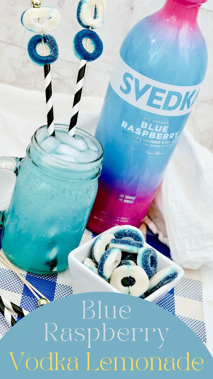 blue raspberry vodka lemonade with pretzels and marshmallows