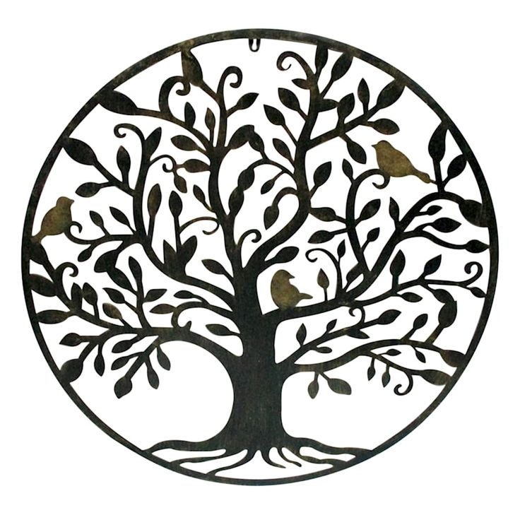 a metal tree with leaves on it in a circular shape, against a white background