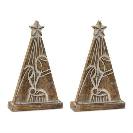 two wooden sculptures with designs on them sitting next to each other in front of a white background