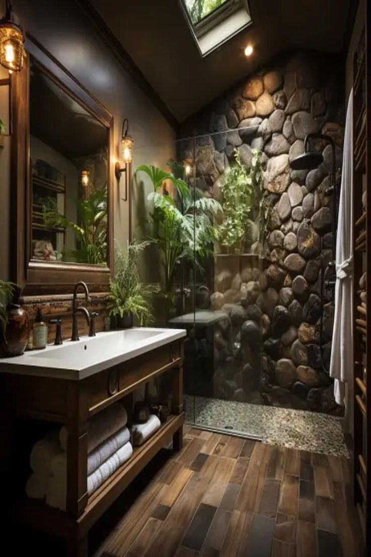 River rock shower floor in a rustic style bathroom. Christmas Bathroom Decor Small Spaces, Very Small Bathroom Ideas, Small Rustic Bathroom Ideas, Traditional Bathroom Ideas, Small Rustic Bathroom, Decor Small Spaces, Marble Bed, Half Bathroom Ideas, Small Half Bathrooms