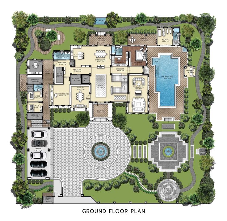 an aerial view of the ground plan for a house with swimming pool and hot tub