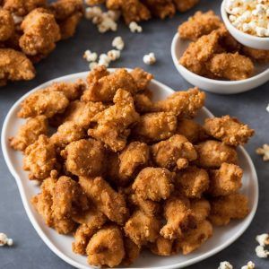 two white plates filled with fried chicken and popcorn