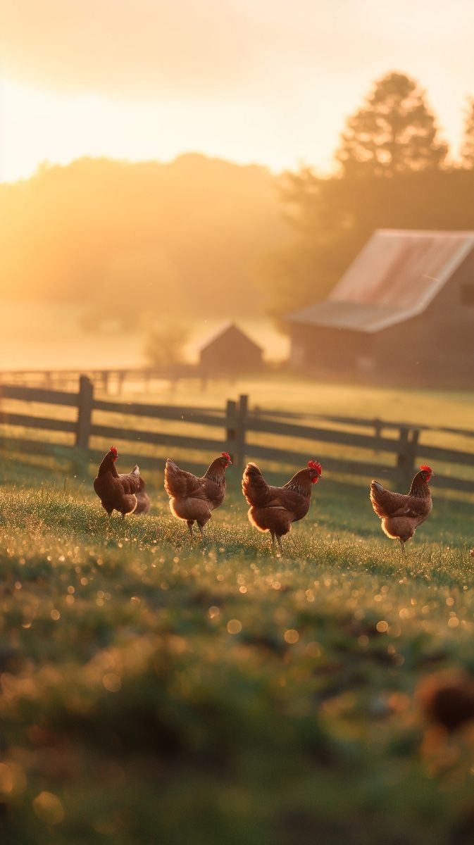 several chickens are walking around in the grass near a fence and farm house at sunset