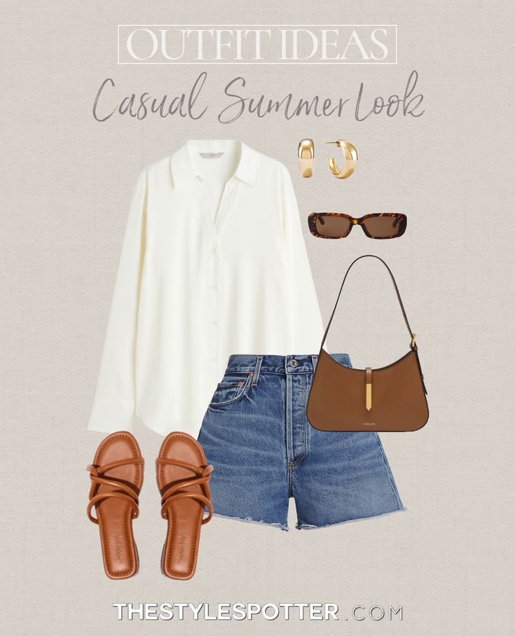 SHOP Casual Summer Outfit Ideas 2023. The look is built of closet essentials that will be useful and versatile in your capsule wardrobe. Tags: summer outfits, date night outfit, casual outfit, college outfit, practical outfit, affordable outfit, summer outfit aesthetic, summer trends, summer date night outfit, chanel bag, summer vacation outfit, beach outfit, old money outfit, summer work outfit, concert outfit, denim shorts outfit, demellier bag, brown leather sandals, mejuri, gold earrings Brown Sandal Outfits, Date Night Sandals, Outfit Ideas Shorts Casual, Old Money Denim Shorts, Brown Bag Outfit Summer, Old Money Capsule Wardrobe Summer, Old Money Shorts Outfit, Outfit Ideas With Sandals, Tan Sandals Outfit