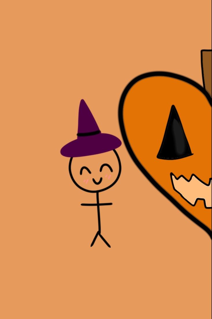 a drawing of a person wearing a witches hat standing next to a pumpkin shaped object