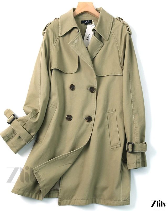 Zlily - Cotton Long Coat Workwear Jacket Spring Cotton Outerwear With Stand Collar, Khaki Utility Jacket With Stand Collar For Fall, Fitted Khaki Outerwear With Stand Collar, Casual Stand Collar Outerwear For Fall, Fall Outerwear With Double Button And Stand Collar, Khaki Pea Coat With Pockets For Spring, Spring Stand Collar Khaki Outerwear, Khaki Lapel Collar Utility Jacket For Winter, Khaki Stand Collar Outerwear For Spring