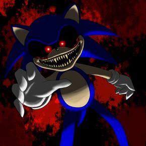 an animated sonic the hedgehog character with red eyes and fangs on it's face