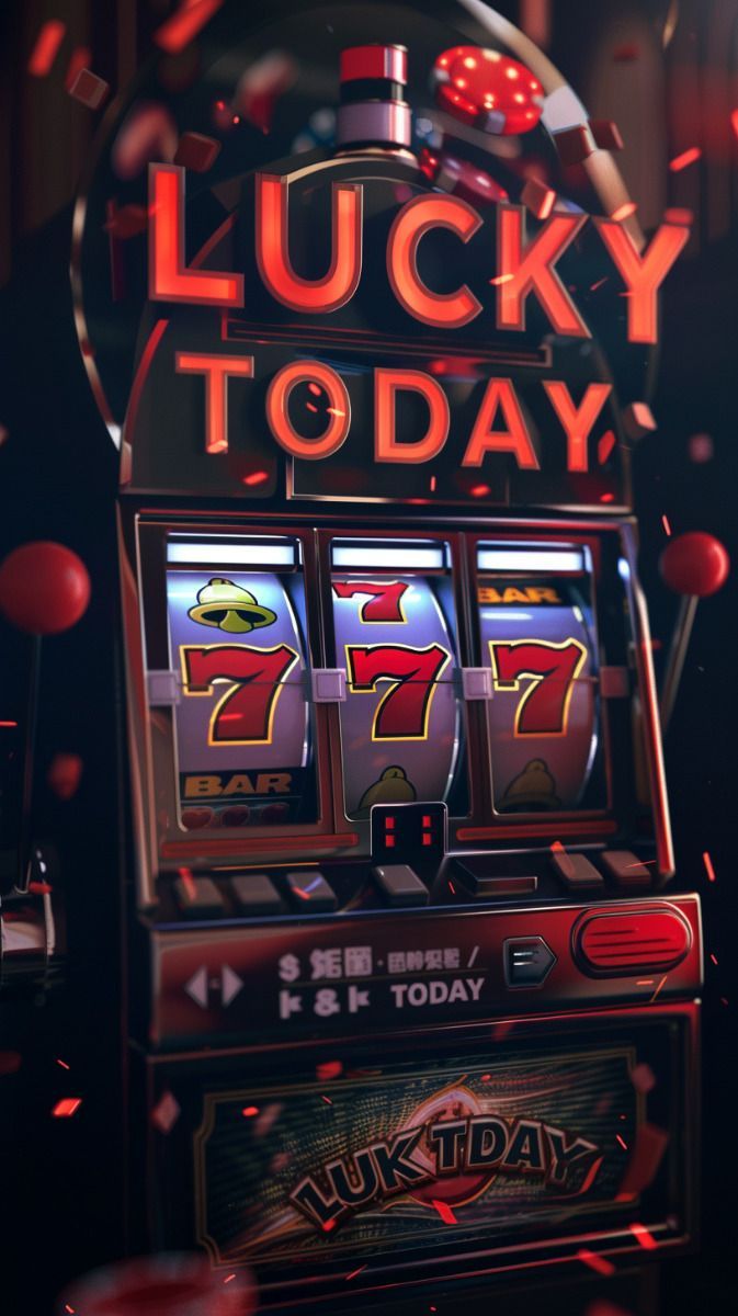 a slot machine with the words lucky to day written on it and red confetti flying around