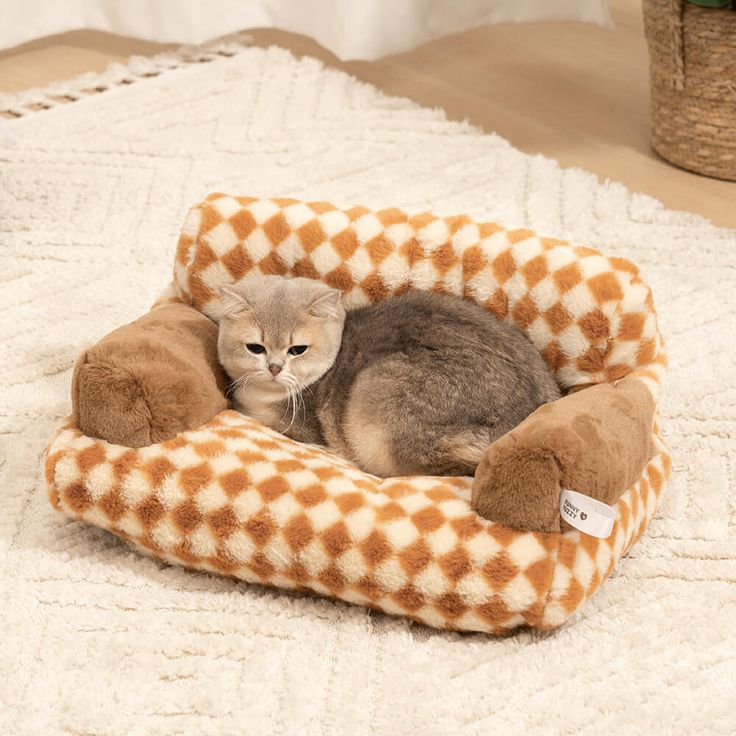 a cat is laying in its bed on the floor