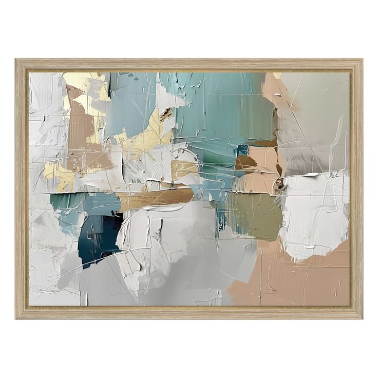 an abstract painting with many different colors and shapes on the canvas, framed in wood frame