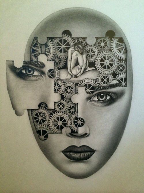 a drawing of a woman's face with gears on it