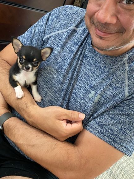 a man holding a small dog in his arms