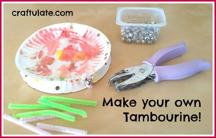 paper plate craft with scissors, beads and other items to make your own tambourine