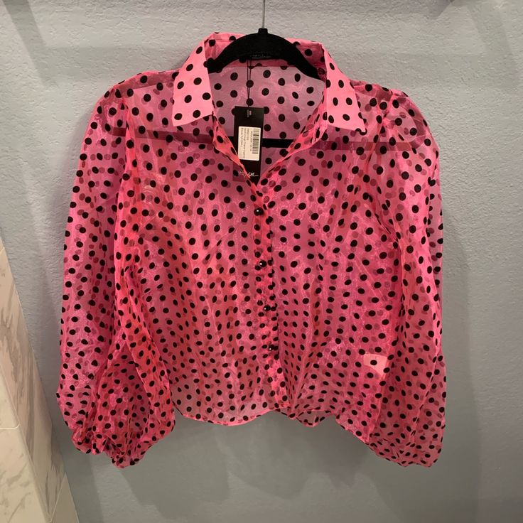 Nasty Gal Pink & Black Polka Dot Sheer Blouse. Size L. Nwt. 100% Polyester. Feminine Polka Dot Party Blouse, Trendy Polka Dot Party Blouse, Trendy Polka Dot Blouse For Party, Feminine Long Sleeve Polka Dot Blouse, Black Polka Dot, Sheer Blouse, Pink Black, Polka Dot, Polka Dots