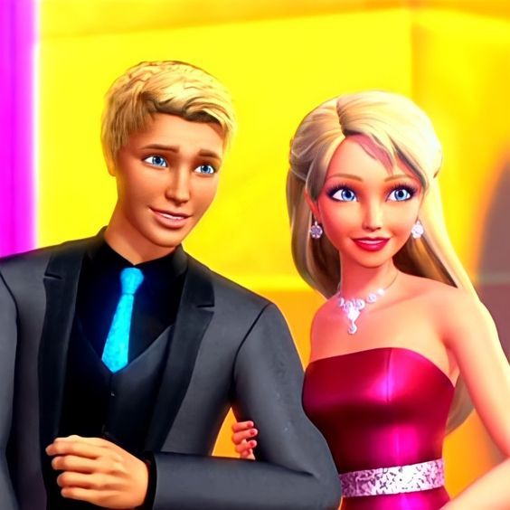 the barbie doll is standing next to the man wearing a suit and tie in front of a brightly colored background