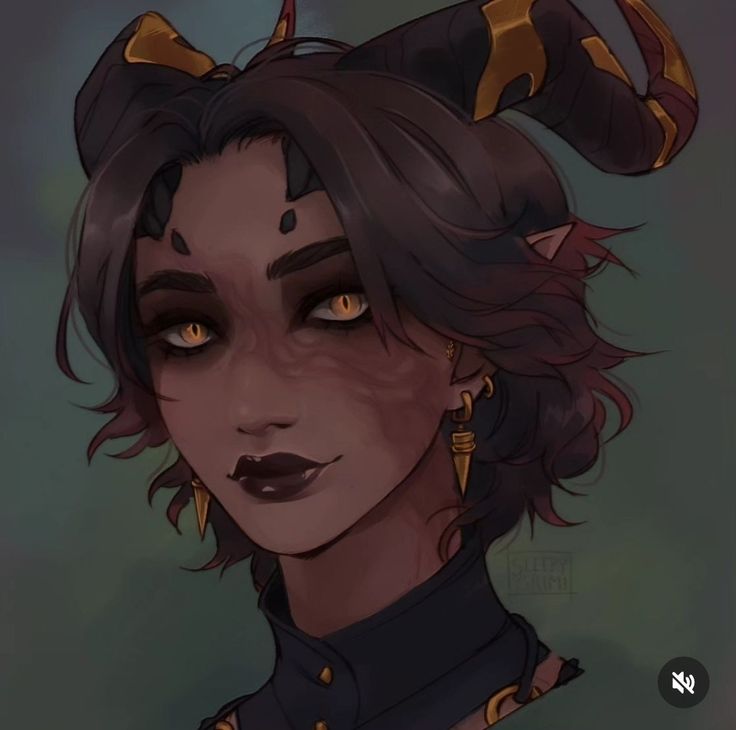 a drawing of a woman with horns and piercings on her head, looking at the camera