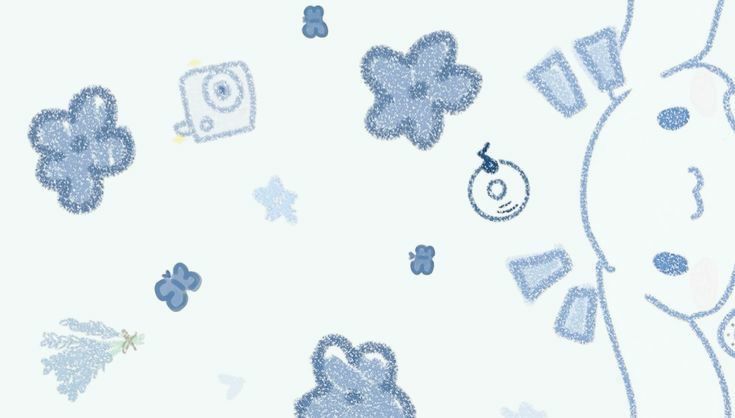 blue and white wallpaper with teddy bears on it's back drop in the air